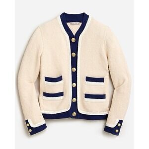 J.Crew Textured Boucle Lady Jacket Medium M Gold Button Cardigan Sweater Blue